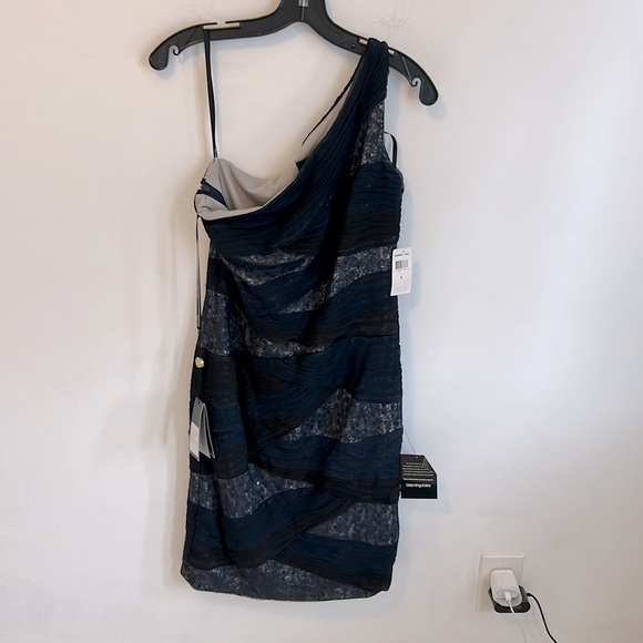 Tadashi Shoji Navy/Black Mesh Sequin One Shoulder Dress - Picture 3 of 12